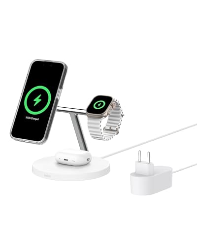 Belkin BoostCharge ładowarka Qi2 3 w 1, stacja do ładowania bezprzewodowego zgodna z MagSafe, ładowarka Qi2 do urządzeń Apple iPhone serii 16, Apple Watch i AirPods, zasilacz w zestawie – biała