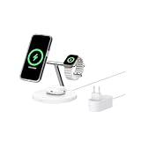 Belkin BoostCharge Station de Recharge 3-en-1 avec Qi2, Chargeur MagSafe Compatible pour Les modèles de l'iPhone 17, iPhone Air, Apple Watch, AirPods, Pixelsnap, Adaptateur Inclus - Blanc
