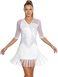 iiniim Vestido Baile de Salon Latino Profesional Vestido Charlestón con Flecos y Lentejuelas con Cuello en V Gatsbys Vestidos de Baile Chachachá Blanco S