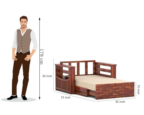 Image of Sheesham Wooden 2 Seater Sofa Cum Bed with Mattresses for Home Living Room | Rosewood 2 Seater Sofa Cums Bed for Bedroom Without Pillow | Solid Wood Sofa Bed (Honey, 2 Seater)