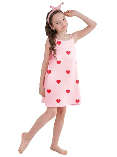 Umeyda Girls' Sleepwear Satin Silky Sleeveless Spaghetti Strap Nightgown Dress for Girls Pajamas, Pink Heart, 7-8 Years = Tag 142