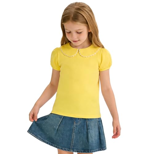 Image of 12M-14Y Toddler Baby Girls Peter Pan Collar Blouse Kids Girl Solid Color Puff Sleeve T-Shirts Casual Tee Tops