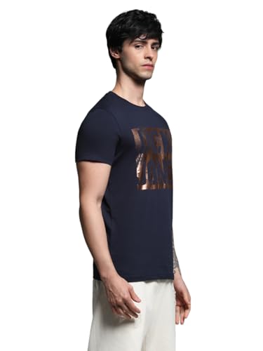 Image of Jack & Jones Men's Typography Printed Round Neck Short Sleeves Cotton Slim Fit Letter Print T-Shirt