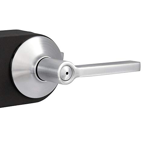 Image of SCHLAGE Latitude Bed /Bath Privacy Door Handle with Lock, Satin Chrome | Interior bedroom or bathroom door lever with push button lock, Reversible, Easy install, Certified durability, Universal fit