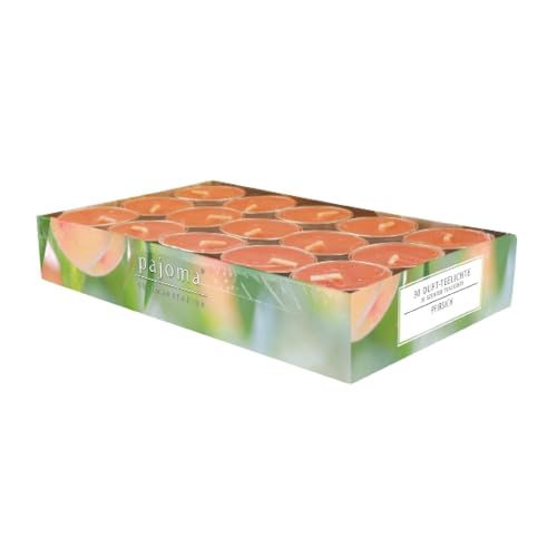 pajoma® Teelichte 30 Stück, Pfirsich | Duft-Teelichte in Aluminiumhülle, Brenndauer ca. 4 Stunden - Höhe 1,5 cm ø 3,5 cm | Premium Qualität | Deko, Gastronomie, Outdoor, Party, Windgläser, Hochzeit pajoma® Teelichte 30 Stück, Pfirsich | Duft-Teelichte in Aluminiumhülle, Brenndauer ca. 4 Stunden - Höhe 1,5 cm ø 3,5 cm | Premium Qualität | Deko, Gastronomie, Outdoor, Party, Windgläser, Hochzeit