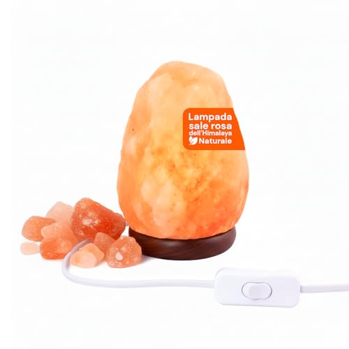 Avilia - Lampada di Sale Rosa dell'Himalaya 100% Naturale 1,5-2 Kg - Base in Legno e Lampadina 15W Inclusa - Purificatore d'Aria a Ioni Negativi - Luce Notturna Rilassante per Camera, Studio e Ufficio