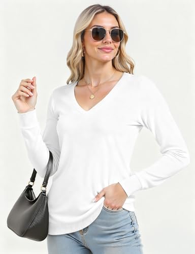 Image of Long Sleeve Knit Lightweight Sweaters Pullover V Neck Basic Spring Fall Sweaters for Women Soft Casual Tops