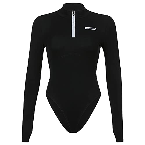 AYJMA Body de gola alta ajustado com fecho de correr refletor informal body de manga comprida para mulher body de treino com letras outono inverno S body preto