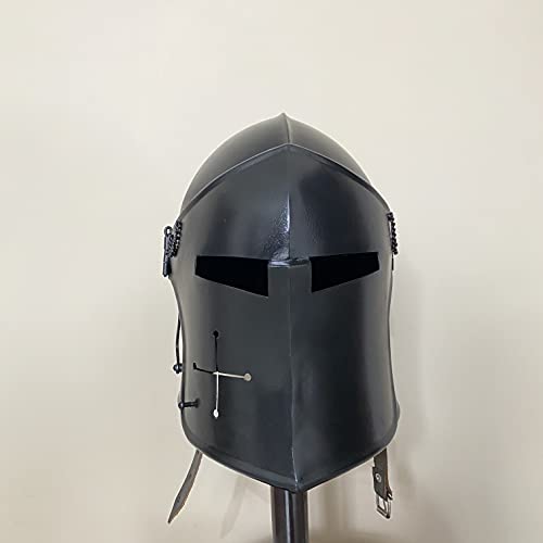AnNafiÂ® Barbuta Helmet Knight Templar Crusader Armour Helmet | Medieval Visored Roman Spartan Black (Helmet with Wooden Stand)
