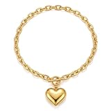 TILUNAMI Collar de corazón dorado para mujer: cadena de eslabones gruesos con colgante grande de corazón hinchado y cierre seguro OT, joyería de moda de 50 cm, regalo con caja