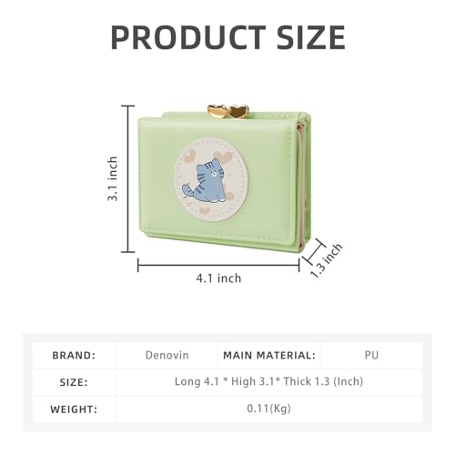 Wallet Women, Small Cute Cat Trifold Wallets Woman, Ladies Wallet with Heart Shaped Kiss-lock Coin Purse Pouch with ID Window for Card Cash Change (Green)2