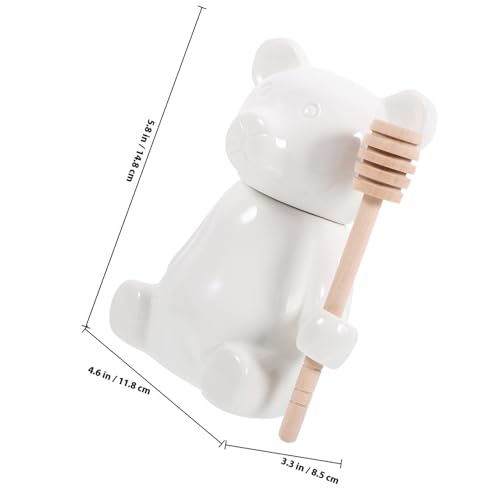 GETAJGHSD 純白製熊型蜂蜜壺 木製ディッパースティック付 かわいい浮彫装飾 容器兼用はちみ瓶 キッチン用スティックホルダー付き食品保存容