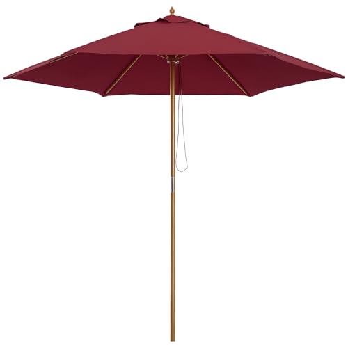 Outsunny Sombrilla de Jardín Ø250x230 cm Parasol de Terraza con 6 Varillas Poste Desmontable Anti-UV Impermeable y Marco de Madera para Playa Patio Rojo Vino
