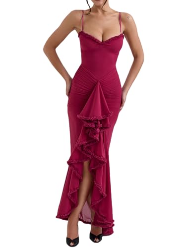 Image of meilun Elegant Mesh Wedding Guest Dress Flowy Ruffle Bodycon Maxi Dress Fishtail Long Formal Dress