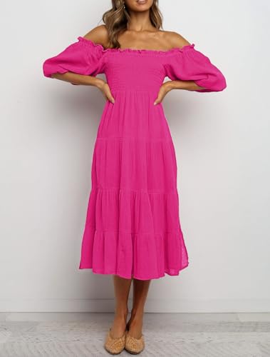 Image of R.Vivimos Women's Summer Cotton Lantern Sleeves Ruffled Off Shoulder A-Line Midi Dresses