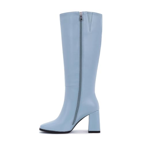 Image of Knee High Boots for Women - Wide Calf Boots with Zipper, Square Toe Tall Leather Boots, Chunky Heel Fashion Long Boots