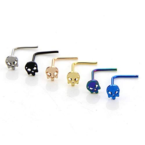Davitu 6 PCS Mix Colors Steel Nariz Nose Ring Windmill Nose Piercings Nez Studs Nose Bone L Shape Nose Earring Piercings Body Jewelry - (Metal Color: Skull)
