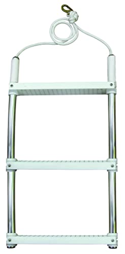 JIF Marine Rope Boat Ladder for Side Boarding – 3-Step Contour Hull Ladder with Anodized Aluminum Frame, Vinyl Sleeve Protection & Molded Poly Steps – 250 lb Capacity