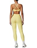 QBGJTD Two Piece Womens Workout Sets for Women U Neck Cross Back Sports Bras Matching Tummy Control High Waist Leggings Set Gym Yoga Jogger Athletic Clothes Pilates 2 Piece Outfits Yellow M