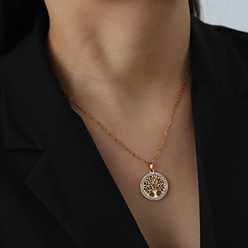 Dreamtimes Tree of Life Necklace for Women Stainless Steel Gold Color Clear Zircon Round Pendant Neck Chains Family Tree Fashion Charm Luxury Jewelry Wedding Gift4