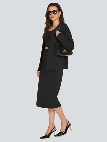 Image of Casly Lamiit Women's 2 Piece Midi Skirt Sets Business Casual Outfits Long Sleeve Cardigan Matching Dressy Suits