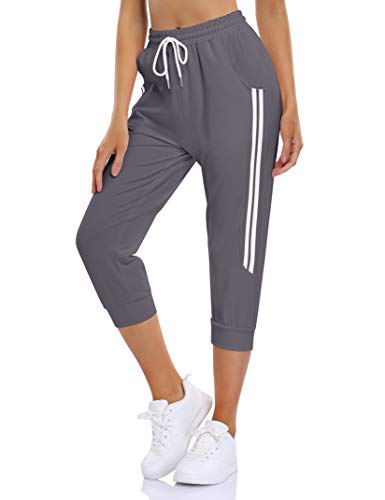 Yesfashion Women's Capri Joggers Pants Workout Elastic High Waist Drawstring Active Athletic Capri Sweatpants with Pockets Smoke M