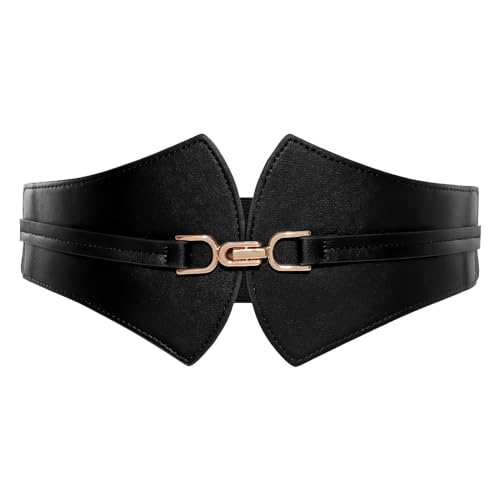 Image of SUOSDEY Women's Elastic Wide Waist Belt for Dress Retro Stretchy Leather Cinch Belt with Gold Buckle, 01-black, Fits Waist From 27 inch-31 inch