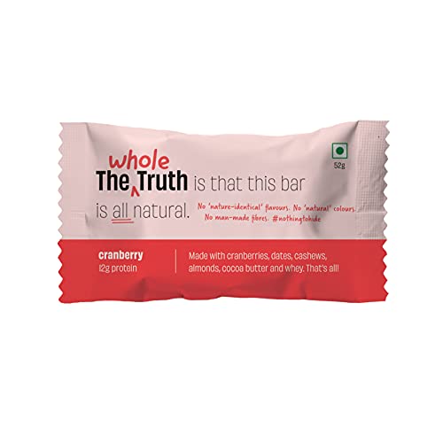 The Whole Truth - Protein Bars | Cranberry | Pack of 6 x 52g each | No Preservatives | No Artificial Sweeteners | No Gluten or Soy | All Natural Ingredients