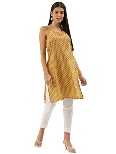 Image of FABRIC FITOOR Women's Mustard Color Cotton Knee Length Straight Strapy Kurti