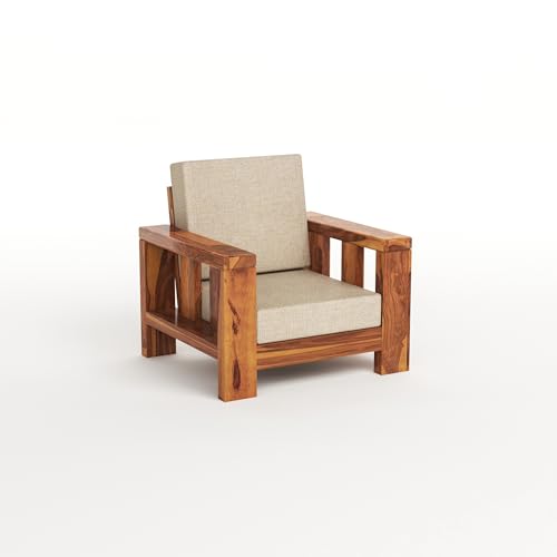 Image of Solid Sheesham Wood Single Seater Sofa Chair for Living Room - Single Sofa Chair Wooden Sofa Single Seater with Comfortable Cushion Seating (Honey, Haney 1 Seater)