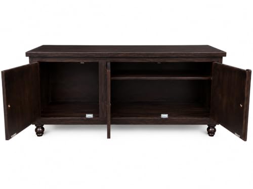 Image of Sheesham Wood TV Unit Cabinet with Handcrafted Ceramic Tile Doors | Dark Walnut Finish | 3 Door TV Console Entertainment Center | Storage Cabinet for Living Room (57 x 18 x 23 Inches)