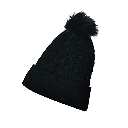 AUFIKR Gorro flojo de punto para mujer, doble capa, línea de forro polar, sombrero con pompones, Negro , M-L