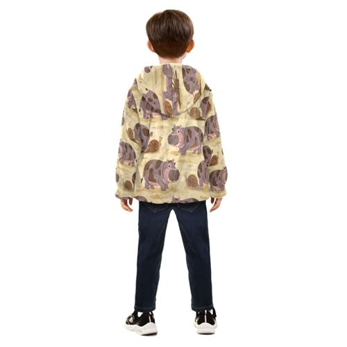 Hippo and Snail Pattern Print Toddler Fleece Jacket Girl Boys Hooded Fleece Jacket Coat Warm Outwear Zip-up 3-10T4