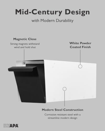 Image of Ilyapa Modern Mailbox for Post Mount - White with Black Door Powder Coated Steel, Waterproof Letter Box for Parcels, with Recessed Magnetic Close Door