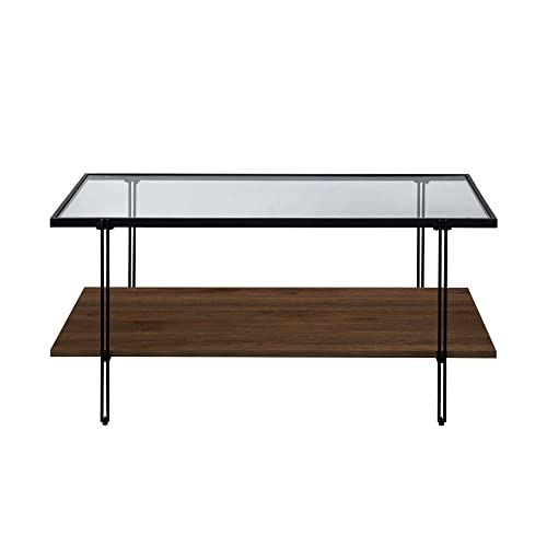 Image of Nathan James Asher Mid-Century Rectangle Coffee Table Glass Top and Wood Finish Storage Shelf with Matte Metal Legs, Warm Walnut /Black
