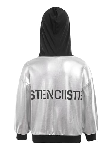 YEAHDOR Kids Boy Girls Metallic Bomber Jacket Long Sleeve Zipper Hooded Sweatshirt Hip Hop Jazz Dance Top Coat2