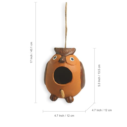 Image of ExclusiveLane 'Observant Owl' Terracotta Bird House for Garden Hanging & Balcony| Handmade & Handpainted Bird House for Sparrow Garden Decoration Items Outdoor (5.3 Inch, Brown)