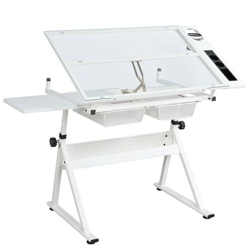 描画ドラフトテーブル モダン強化ガラス アーティスト描画テーブル 傾斜テーブルトップ 高さ調節可能 引き出し付き 多機能アートクラフト