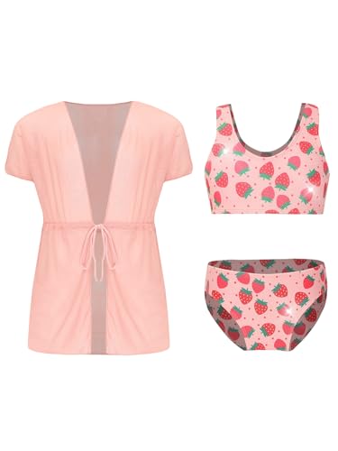 3Pcs Kids Girls Swimsuit Swim Top and Mesh Belted Cover Up Crop Top Briefs Set Swimwear