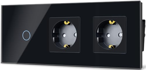 TAWOIA Normaler Lichtschalter mit Steckdose,EU Standard 2 Fach Steckdose 1 Fach 1 Wege Unterputz Lichtschalter Glasscheibe Berührungs Lichtschalter 86 * 228mm Schwarz