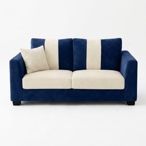 Image of Revo Plush Comfort Sofa Set | 3 Seater + 2 Seater with Ottoman | Luxury Velvet Suede Fabric | Modern Living Room Sofa | Dark Blue - Cream