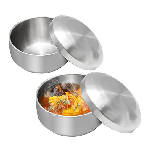 Stainless Steel Rice Bowl with Lid, Set of 2, for Korean Kitchen Restaurant, Double-walled Metal Bowls, Multi-Purpose Insulated Soup Bowls Snacks Bowls (11.5cm Silver)
