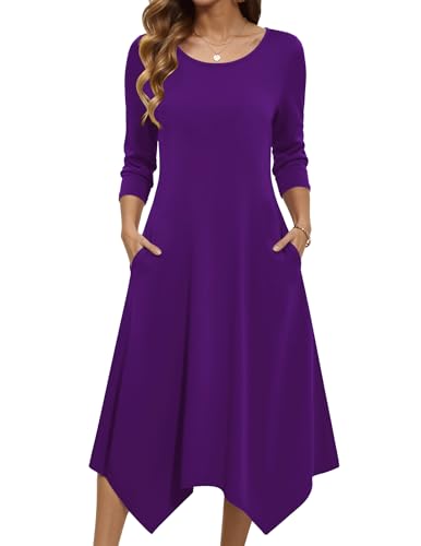 Zeagoo Womens Summer Casual 3/4 Sleeve Dress Midi A Line 2026 Church Dresses with Pockets Funeral Formal Dresses Holiday Elegant Dress Vacation Beach Sundress Purple
