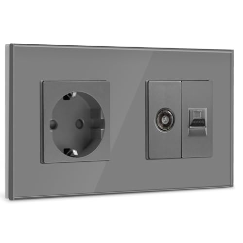 BSEED Schuko Steckdose mit 1/2 TV-Antenne Koaxial- und RJ55-Cat5e-Ethernet Kristall Glas Unterputz Steckdose Verlängerungssteckdosen… – Ansicht 1