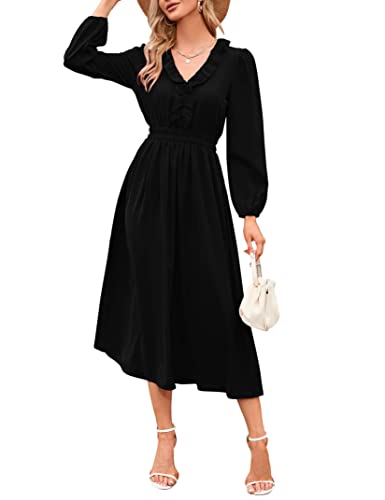 KOJOOIN Damen Kleider Boho Kleid Lang Freizeitkleid V-Ausschnitt Langarm...