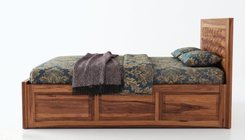 Image of Solid Sheesham Wood Single Size Bed with Storage|Wooden Box Single Size Cot Bed with Storage Box for Home,Bedroom,Hotel,Living Room|3D Diamond Hand-Carved Design Headboard|Honey Finish