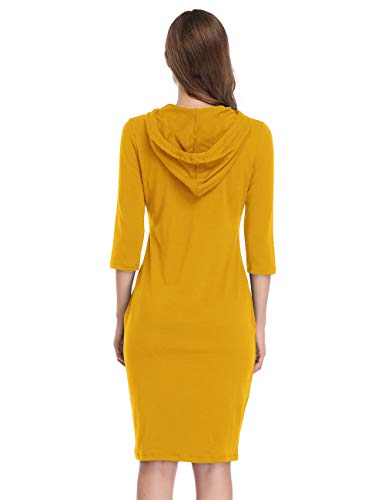 MISSKY Women's 3/4 Sleeve Pocket Sweatshirt Pullover Hoodie Dress(2XL,Yellow)