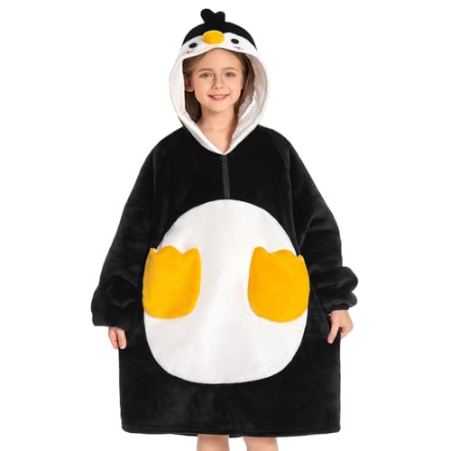 OLAOLA Penguin Wearable Blanket Hoodie for Kids Oversized Animal Hooded Blanket with Pockets & Sleeves Soft Sherpa Penguin Style Sweatshirt Comfy for Birthday Gifts