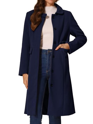 Image of Allegra K Winter Trench Coat for Women Overcoat Peter Pan Collar Single Breasted Long Pea Coat Large Dark Blue