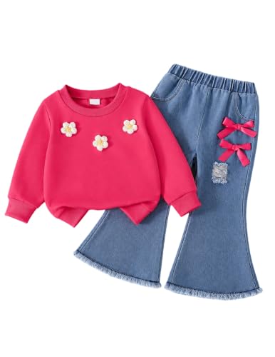 Doresbebe Girl Clothes 3-4T Toddler Outfits Fall Winter Baby Girl Clothing Little Girls Sweatshirt Ribbed Long Sleeves 3d Flower Bow Top Blue Bell Bottom Jeans Set 2Pcs Rose Red